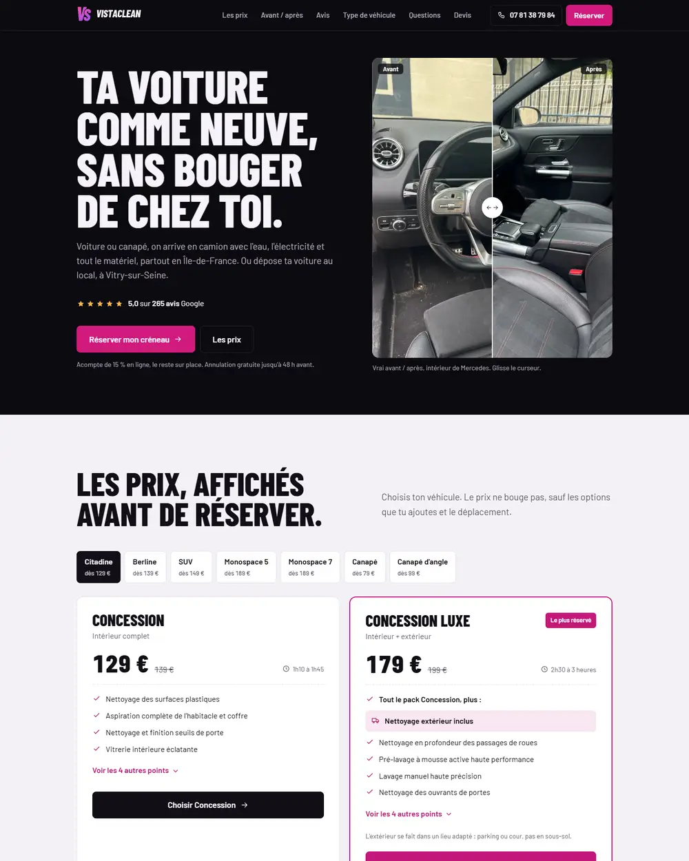 La maquette de VistaClean, nettoyage à domicile, sur ordinateur : les prix et la réservation.